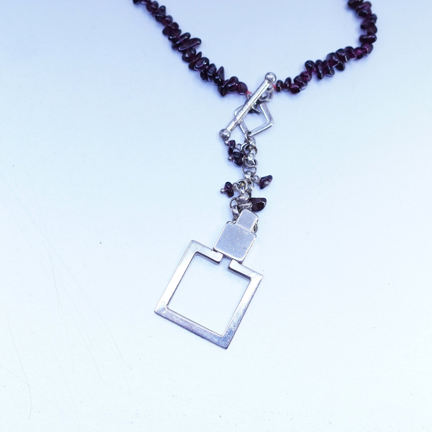 16”, native American Sterling 925 silver garnet beads necklace square pendant
