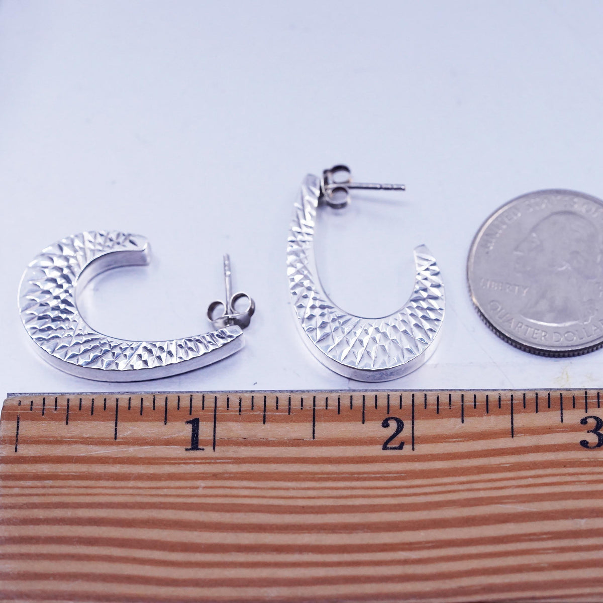1", Vintage Sterling Silver 925 Textured Crescent Earrings, Wide J Hoop Studs