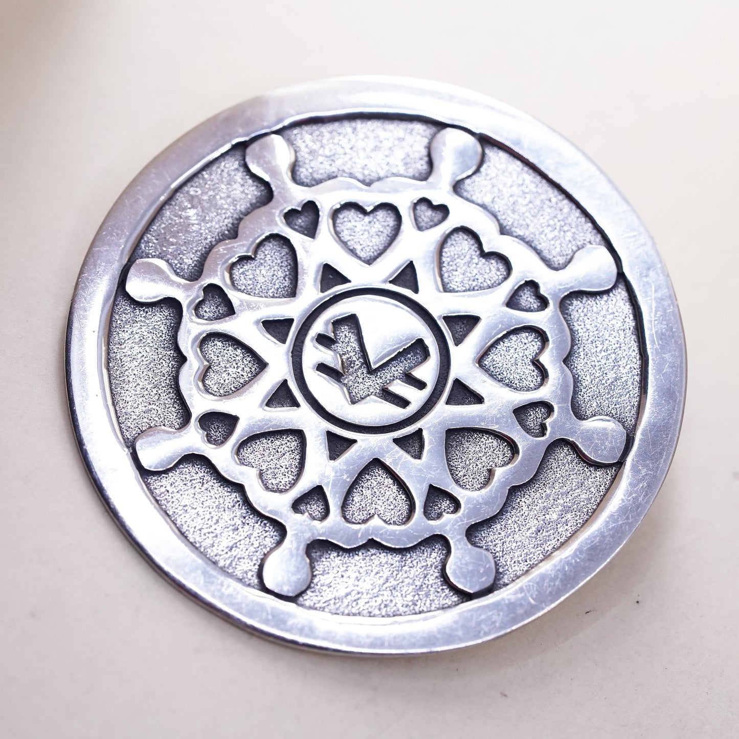 Vintage 925 Sterling Silver Large Round Brooch, Nordic Heart Mandala pendant