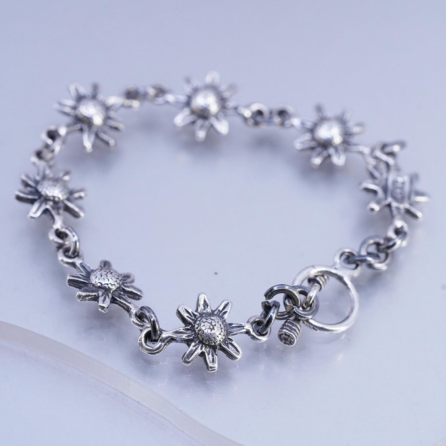 6.5", Vintage Mexican Sterling 925 silver handmade bracelet, sunflower chain
