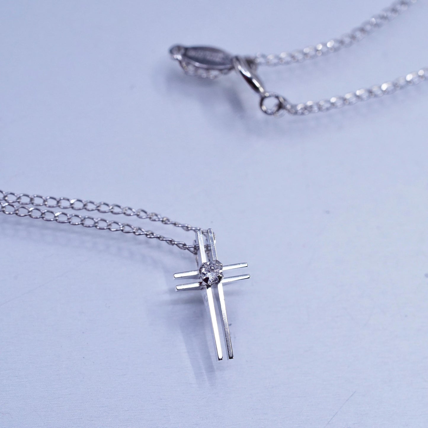 16", vintage Sterling 925 silver handmade curb necklace with cz cross pendant