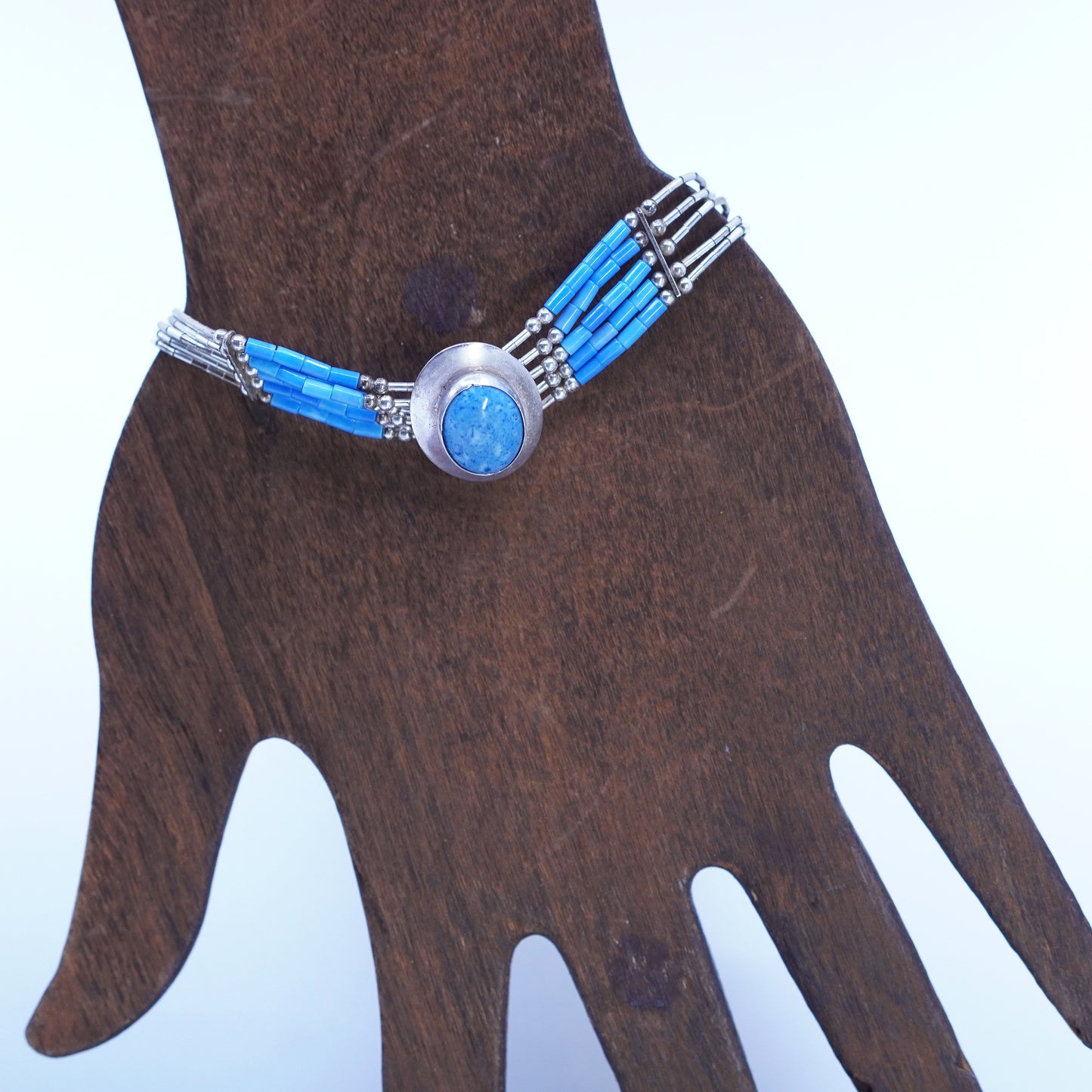 7.25”, Sterling 925 silver bracelet, liquid chain with denim lapis lazuli charm