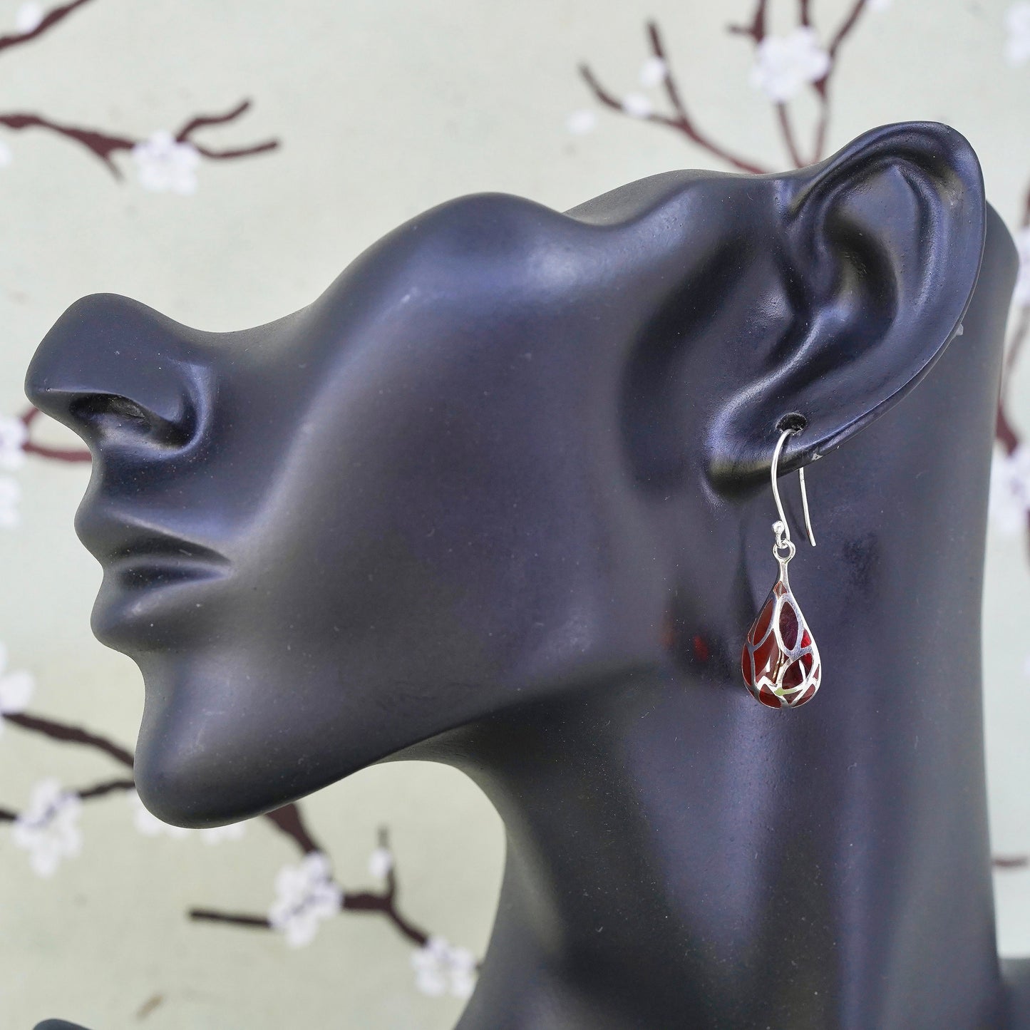 Vintage sterling 925 silver handmade teardrop earrings with red resin inlay