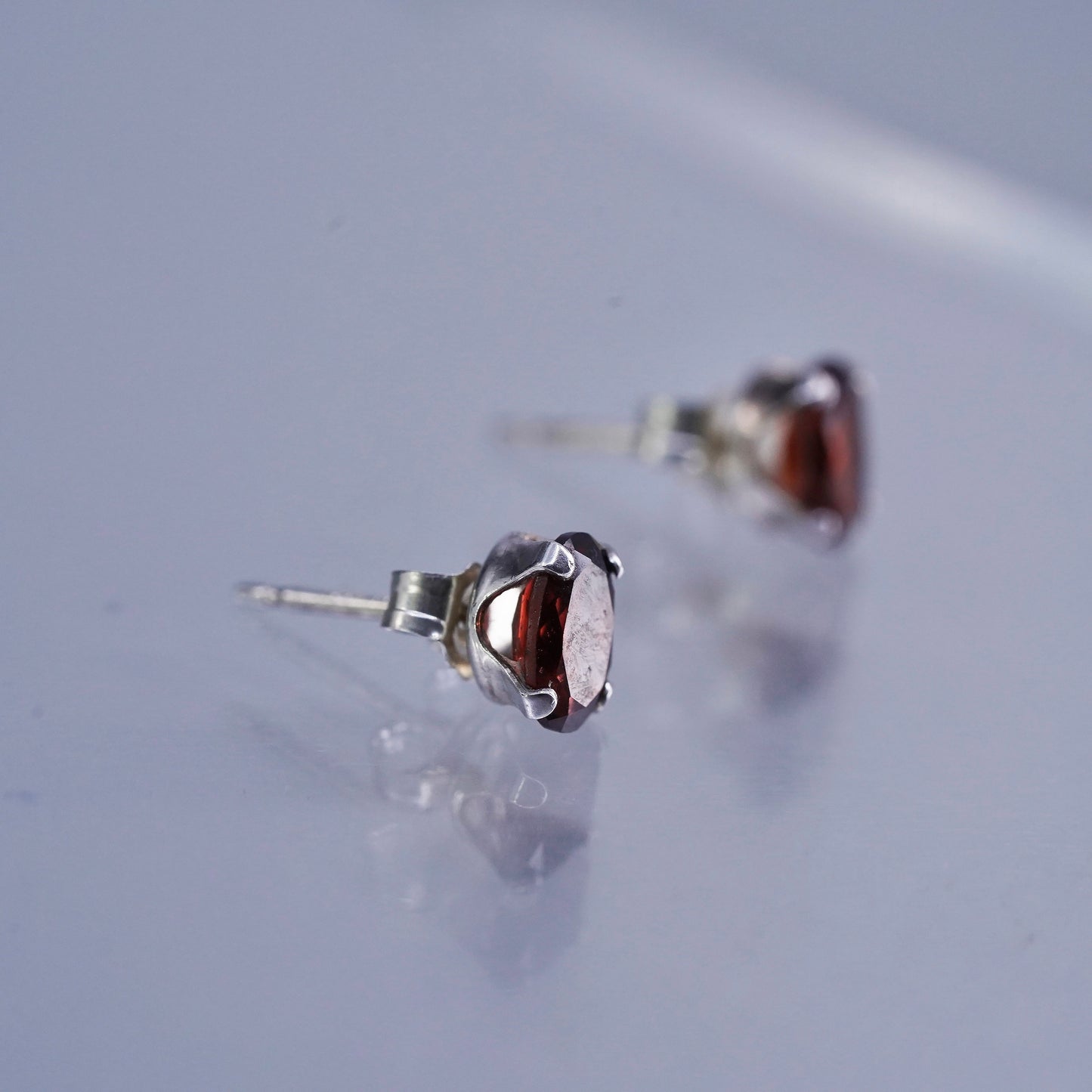 Vintage Sterling 925 silver handmade earrings, oval studs with ruby