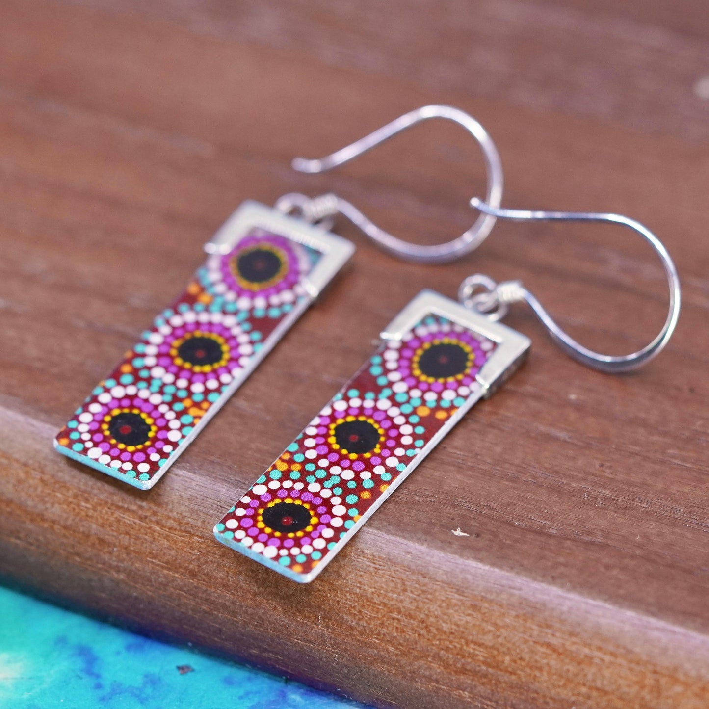 Vintage sterling 925 silver handmade earrings with artisan metal plate