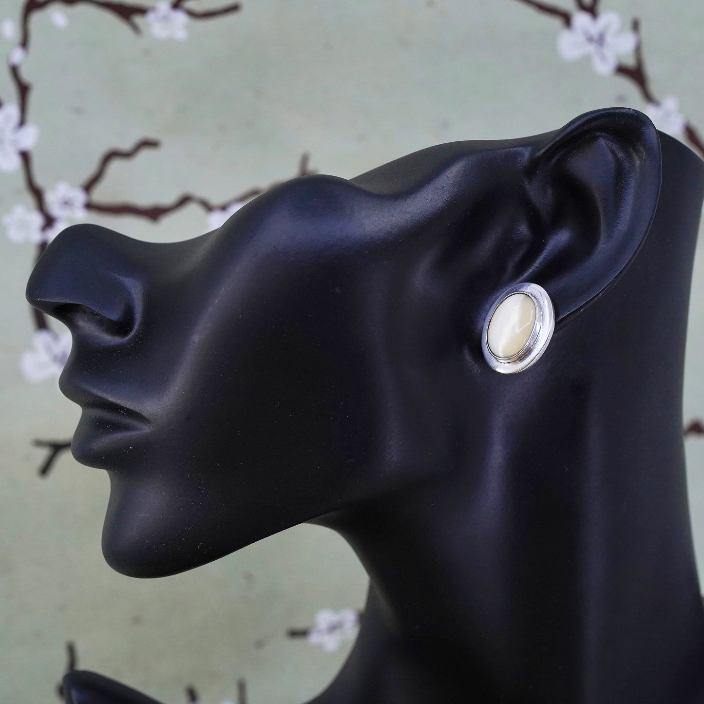 Mexican sterling silver earrings, Native American 925 studs oval cats eye