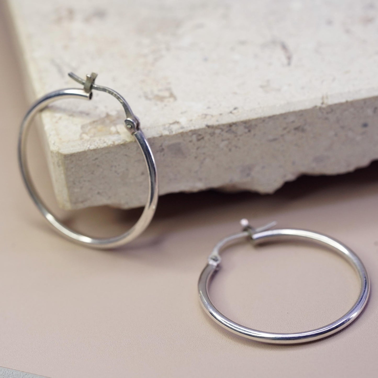 1.25”, vintage Sterling silver handmade hoop earrings, 925 huggie