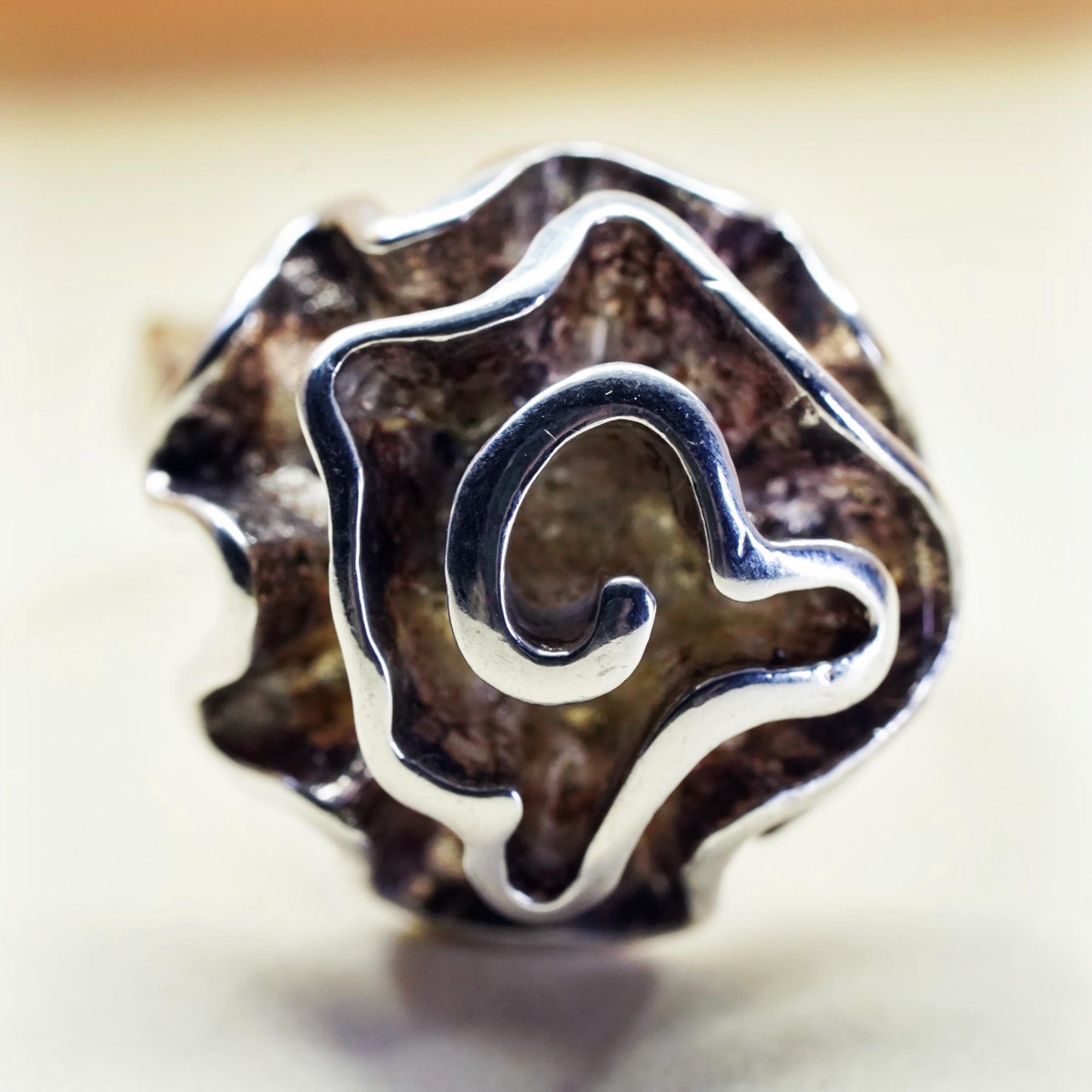 Size 8, vintage Sterling silver handmade ring, 925 abstract flower