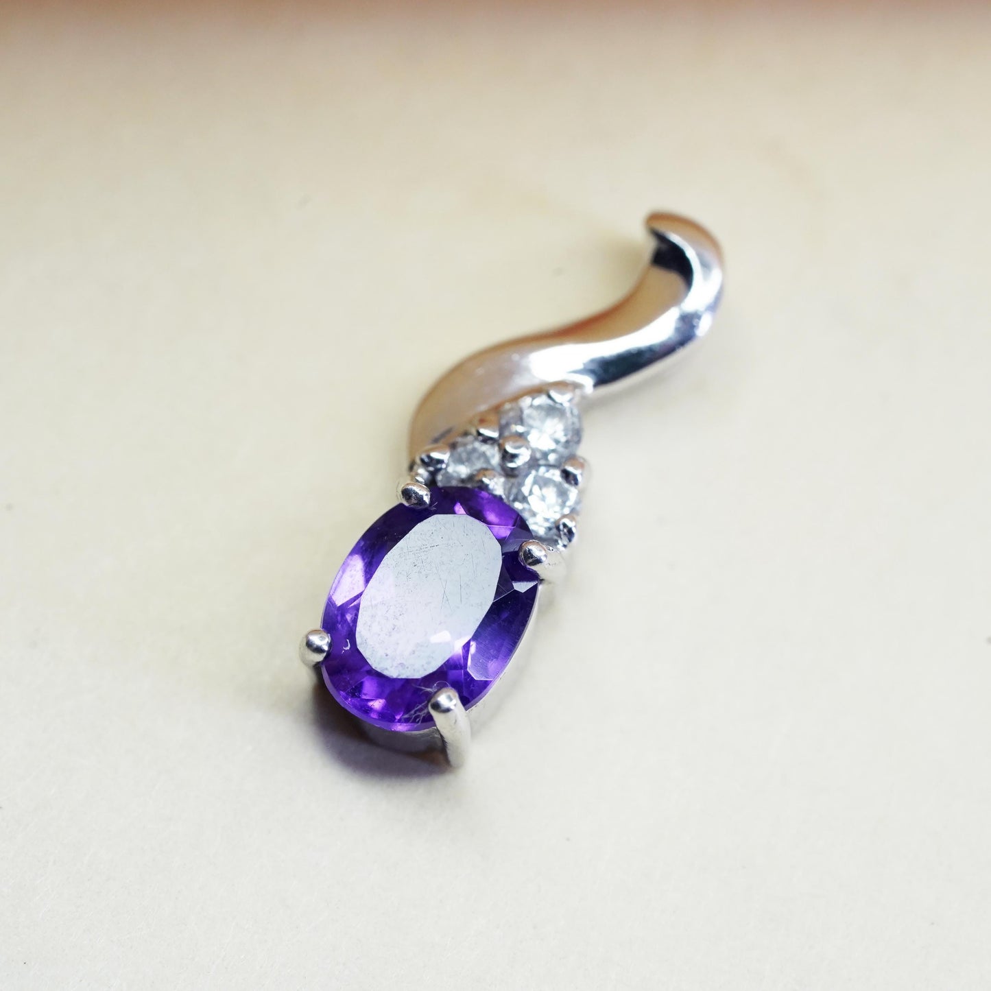 vintage sterling silver 925 pendant with amethyst and cz details, shiny