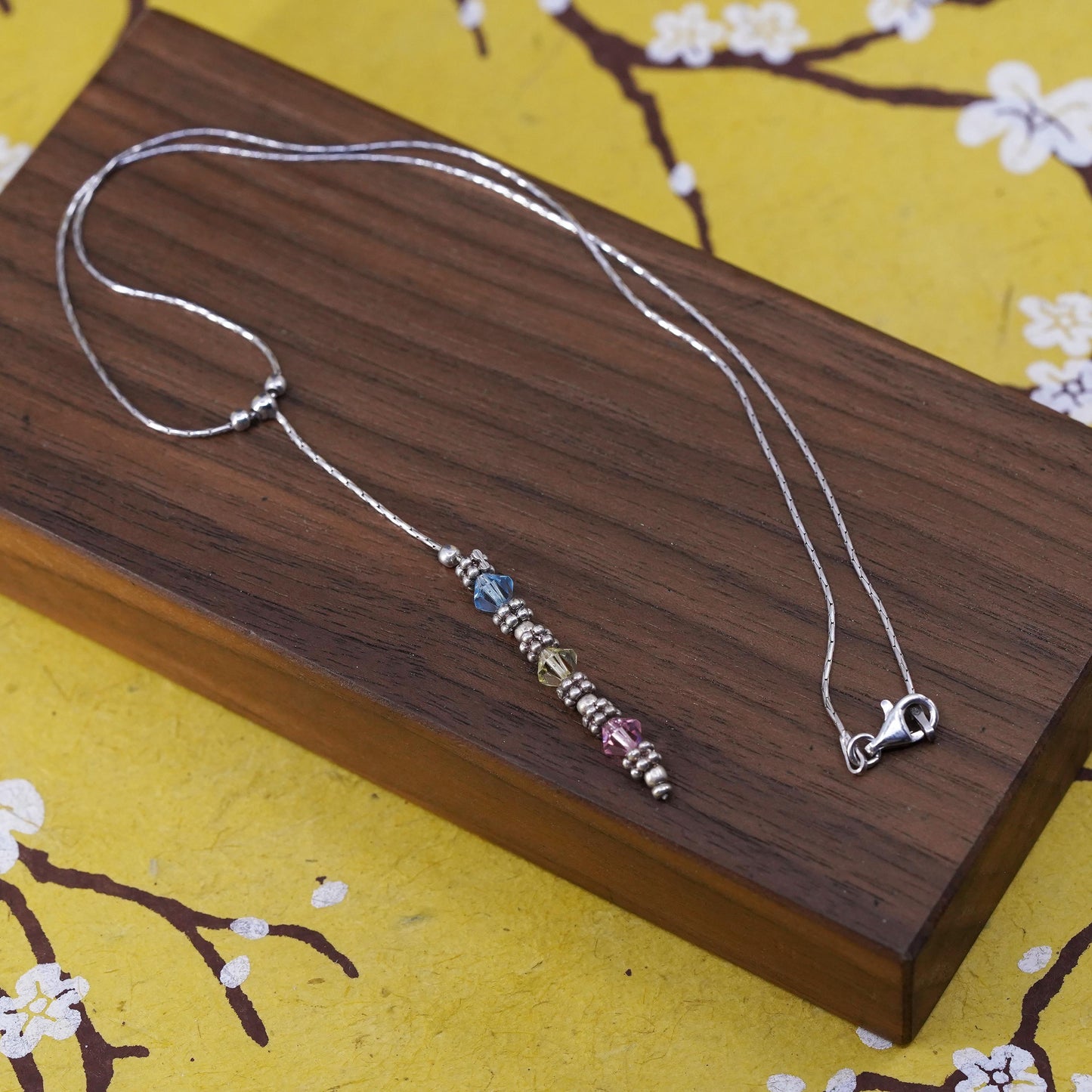 16” 1mm, vintage sterling 925 silver snake necklace with crystal pendant
