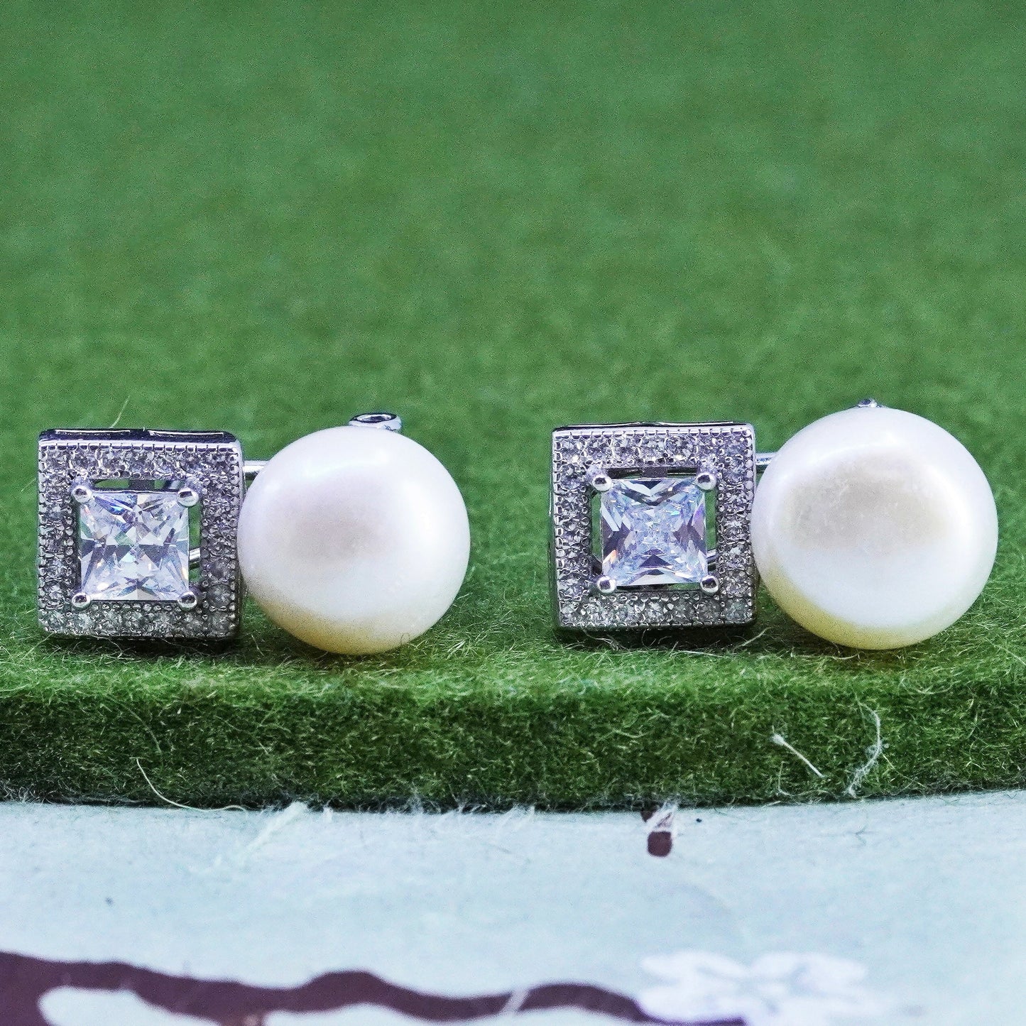 Vintage sterling silver earrings, 925 studs with pearl and cz