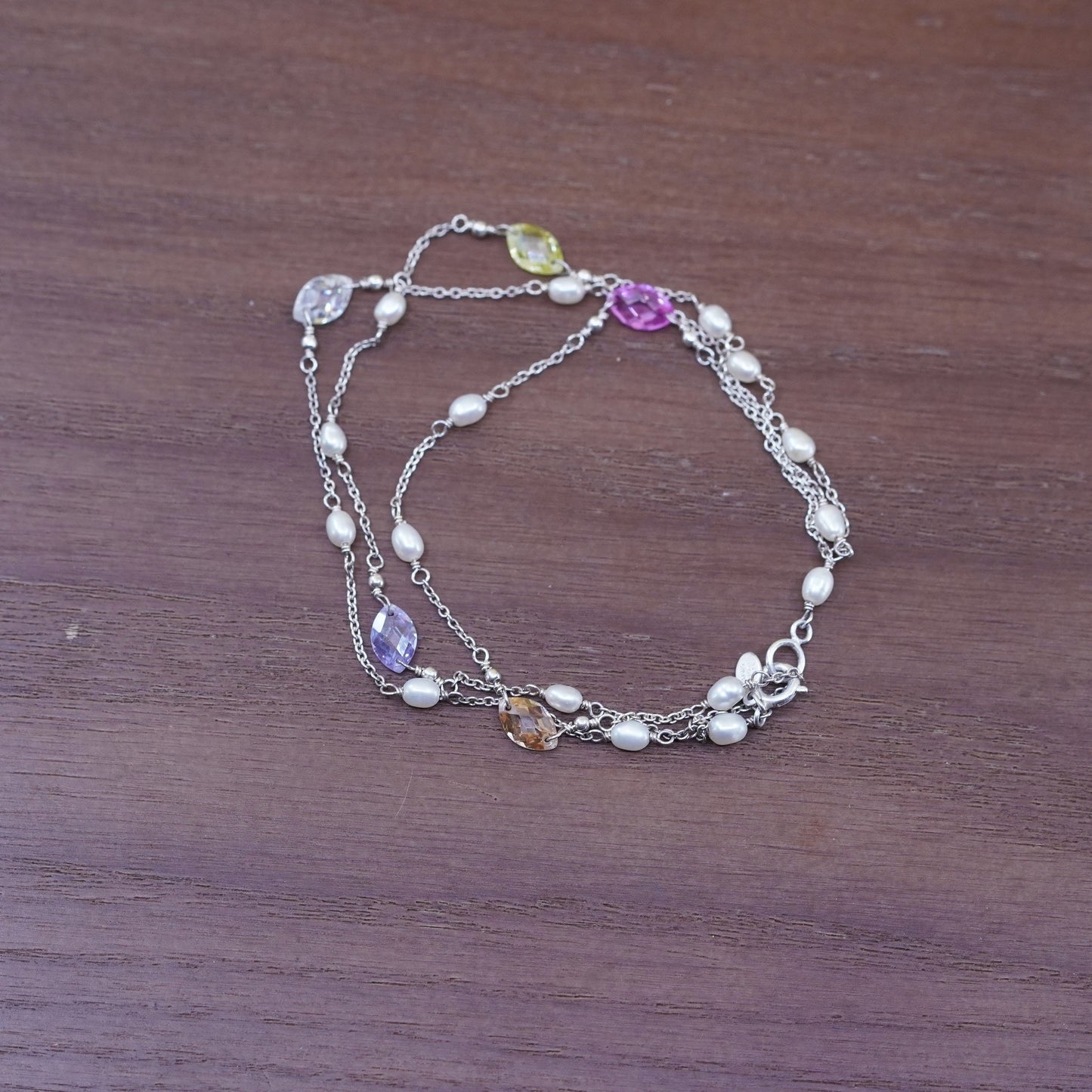 7.5”, 925 Sterling bracelet, 3 multi strands liquid Silver chain pearl crystal