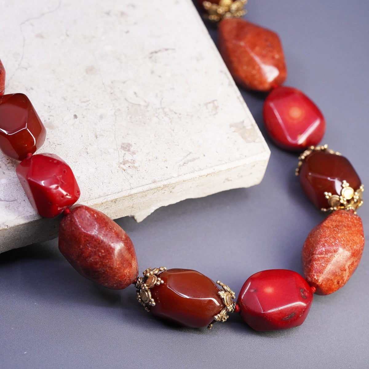 20+1", LUC Vermeil Gold Sterling 925 Silver necklace coral carnelian nuggets