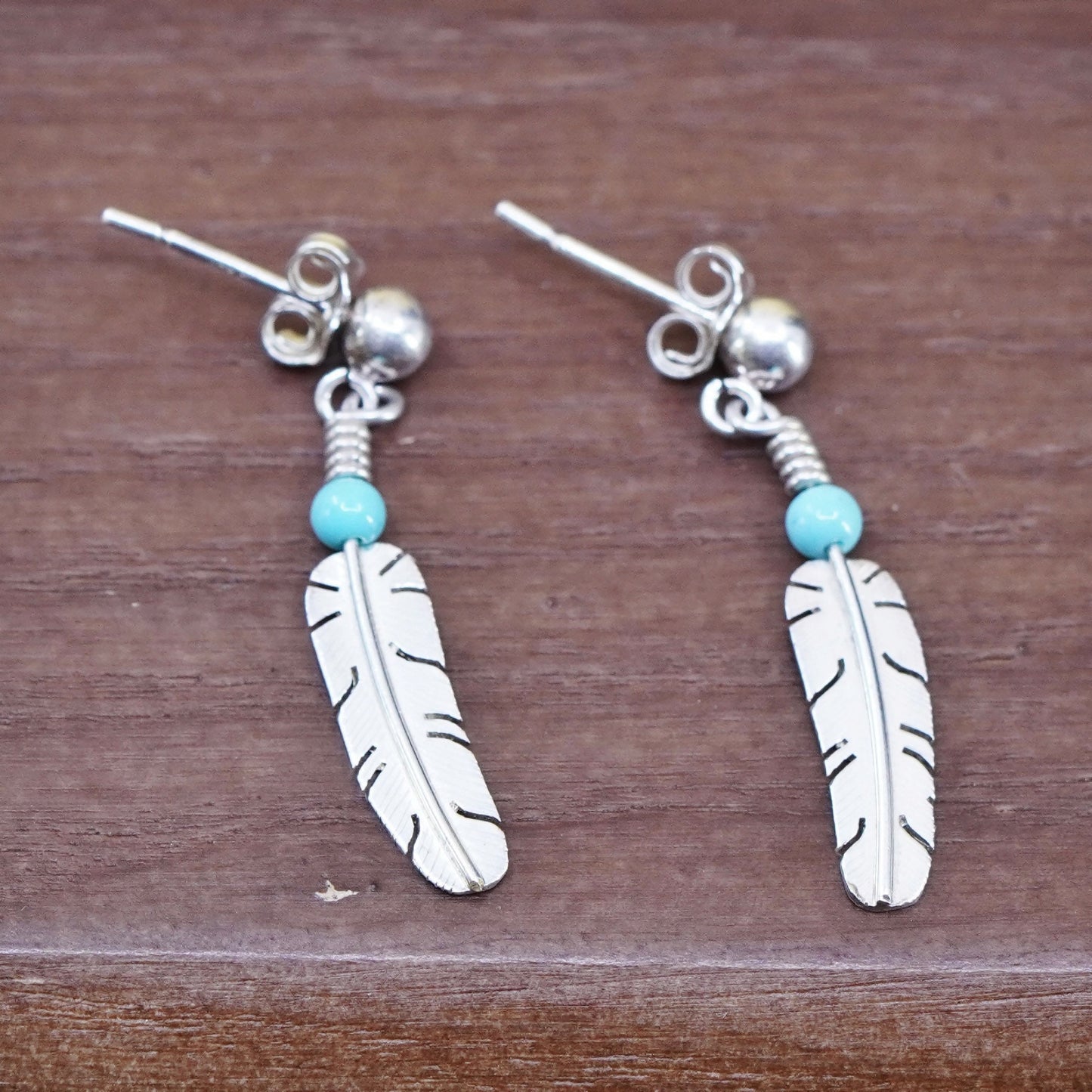 Sterling 925 silver handmade disc earrings with turquoise and feather dangles
