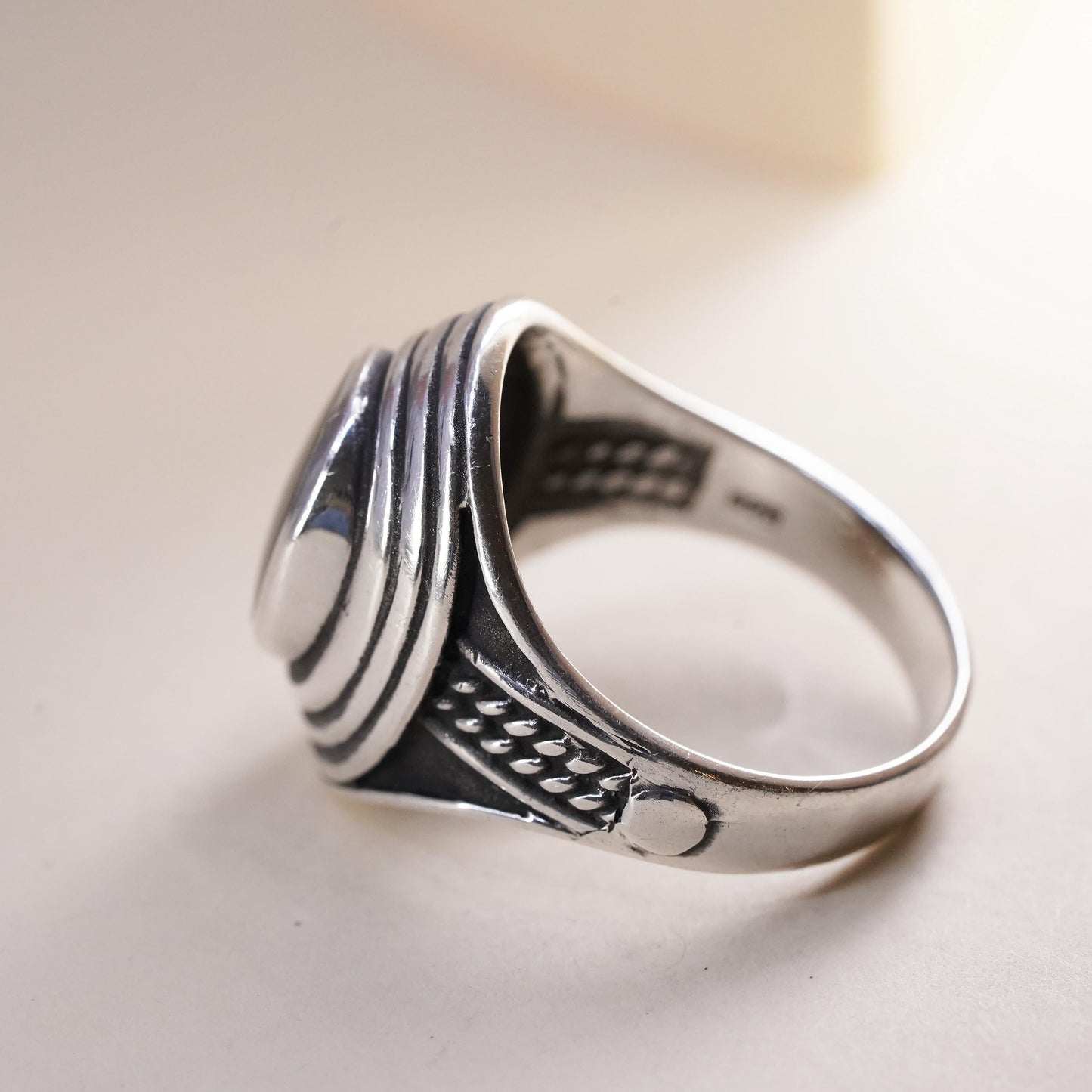 Size 12.25, Vintage sterling 925 silver statement handmade ring with oval onyx