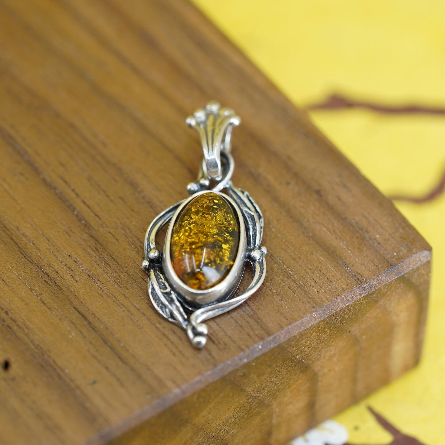 Vintage Sterling silver 925 handmade pendant with Amber pendant