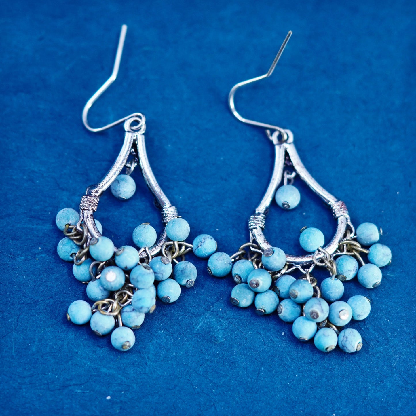 Silver Tone handmade earrings with cluster turquoise beads