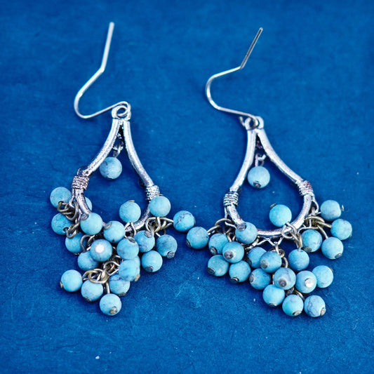 Silver Tone handmade earrings with cluster turquoise beads