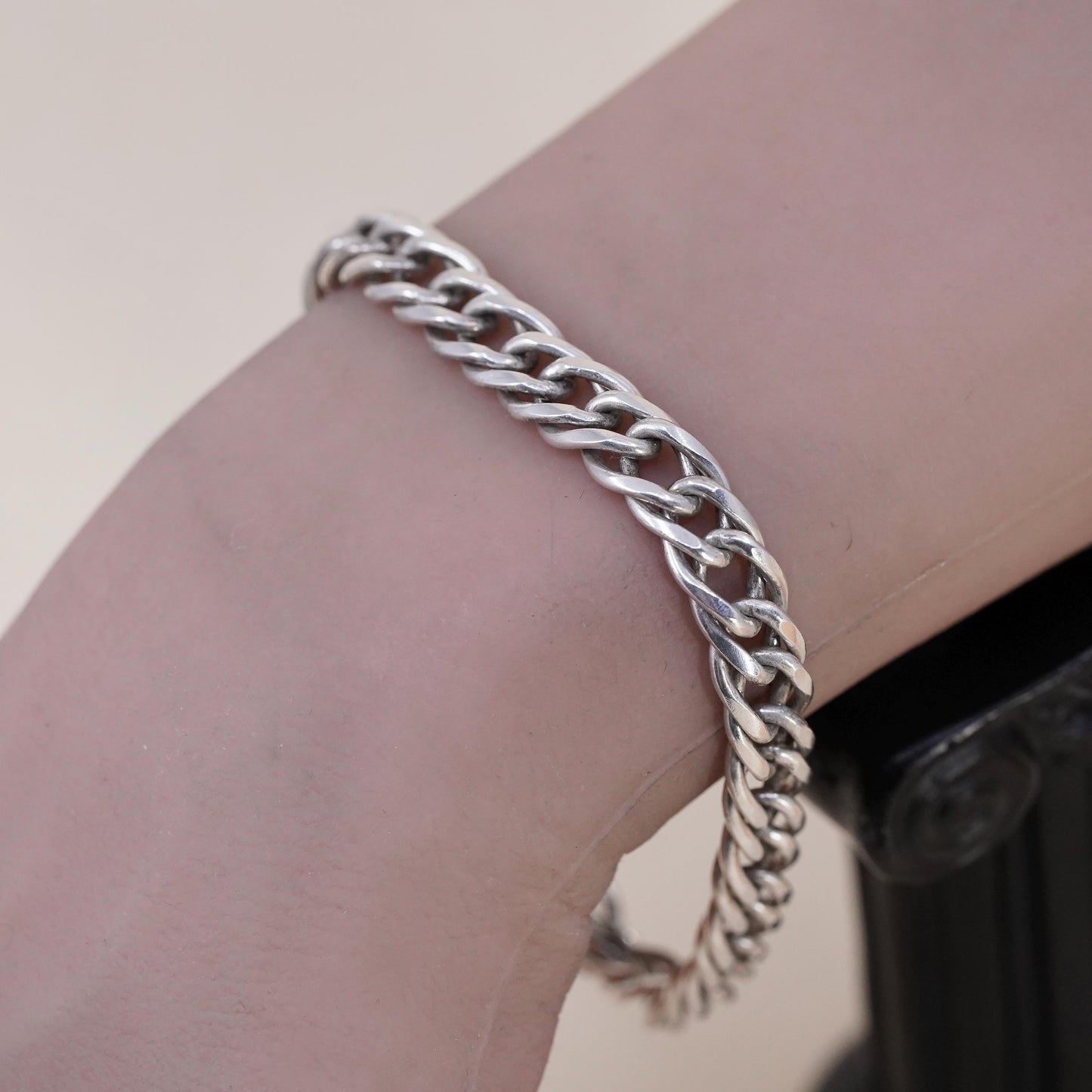 7.25" 8mm, Vintage sterling silver bracelet, 925 double curb chain