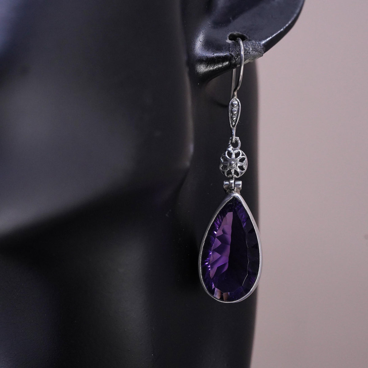 Vintage sterling 925 silver handmade teardrop earrings with amethyst