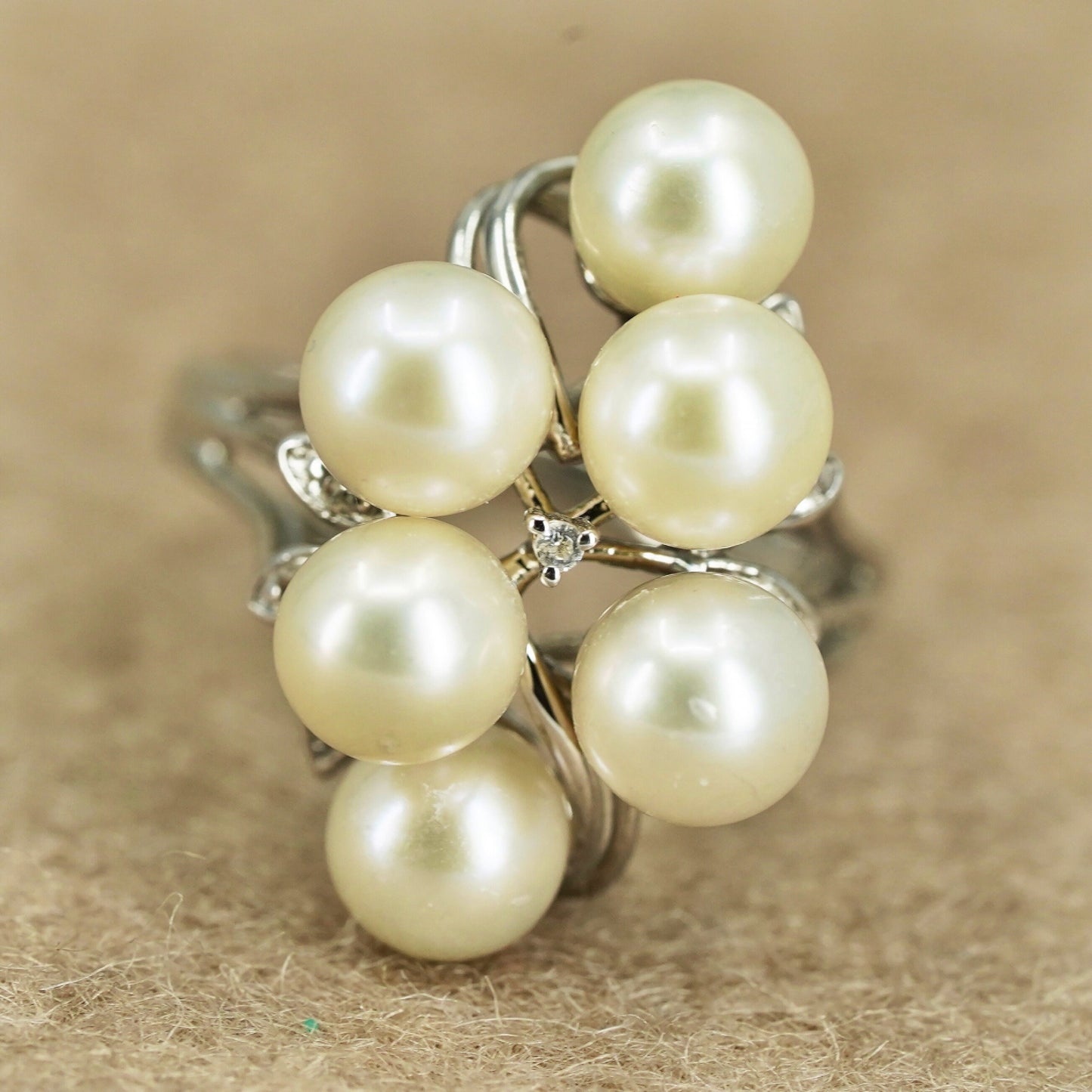 Size 4, VTG Sterling 925 silver handmade ring with cluster pearl and diamond