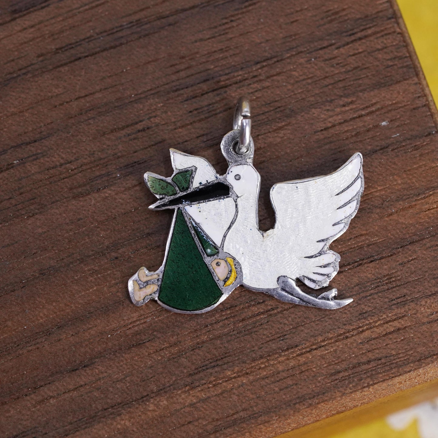 Sterling 925 Silver Enamel Stork Charm Pendant, Baby Delivery Bird Baby Bundle