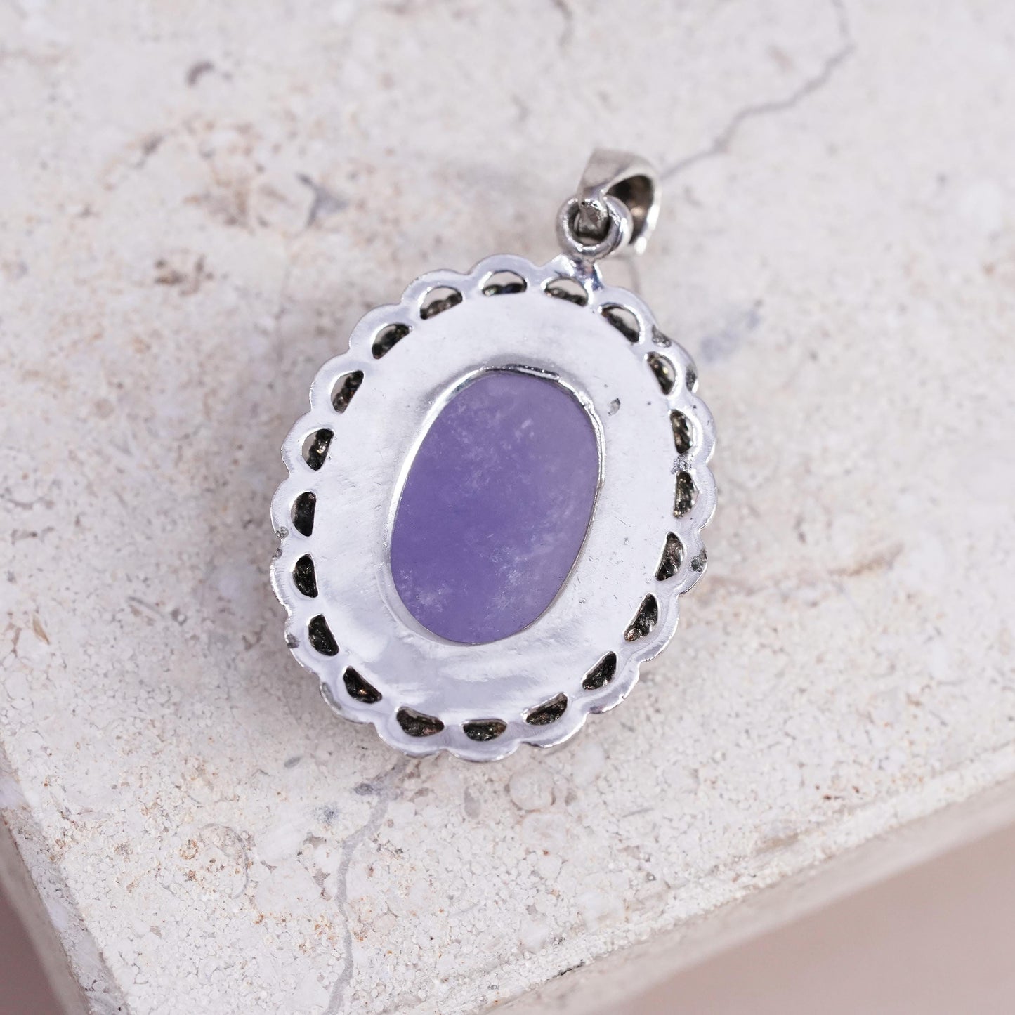 Vintage GSJ sterling 925 silver oval pendant with purple jade