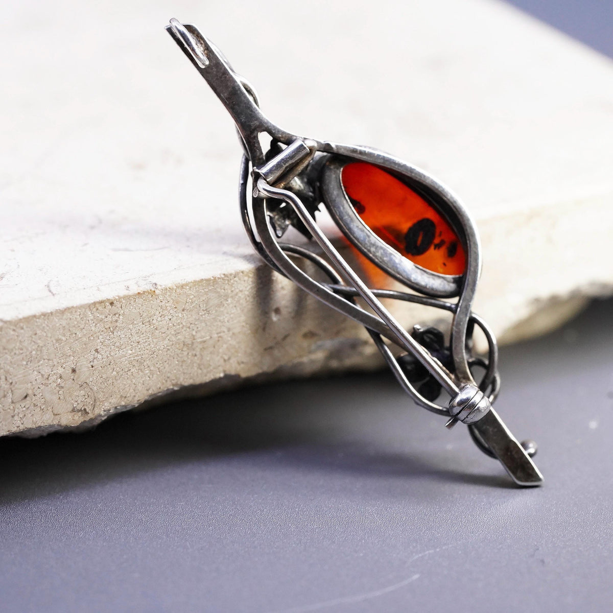 Sterling 925 Silver Amber Brooch Pin, Floral Vine Baltic pendant, Art Nouveau