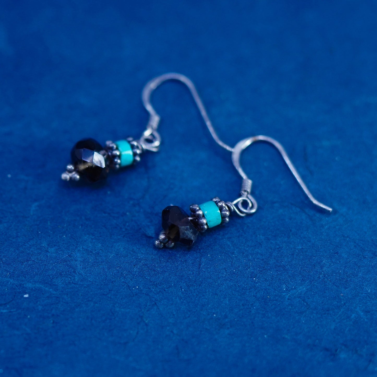 sterling silver 925 handmade earrings with smoky crystal and turquoise beads