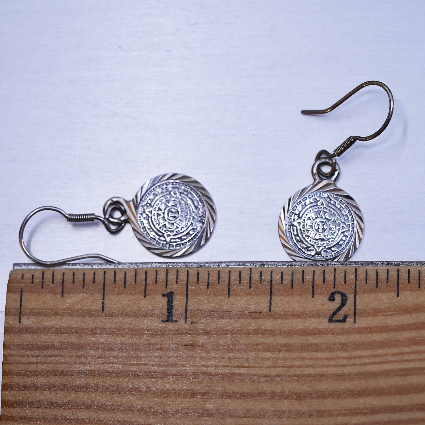 Vintage mexico sterling silver handmade earrings, 925 mayan calendar tag dangle