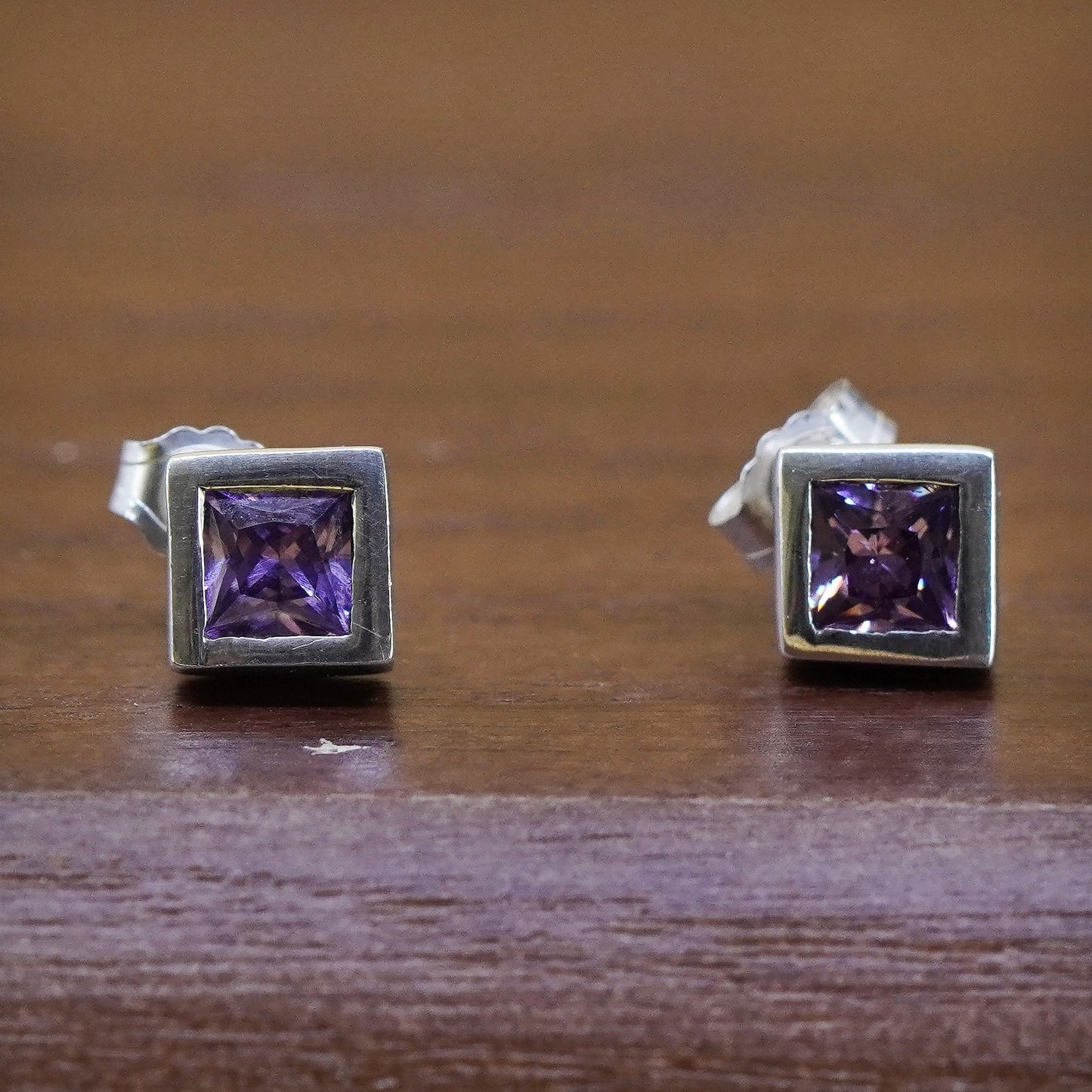 Vintage Sterling 925 silver square amethyst studs, earrings