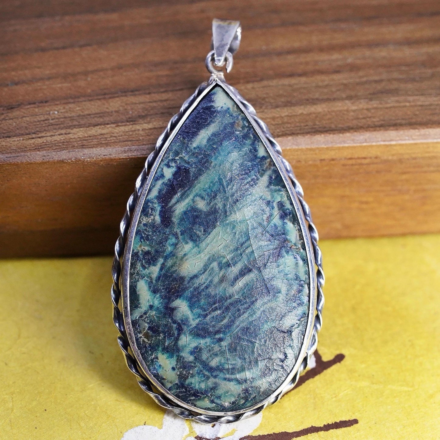 Vintage Sterling 925 silver handmade teardrop pendant dyed Mable textured wood