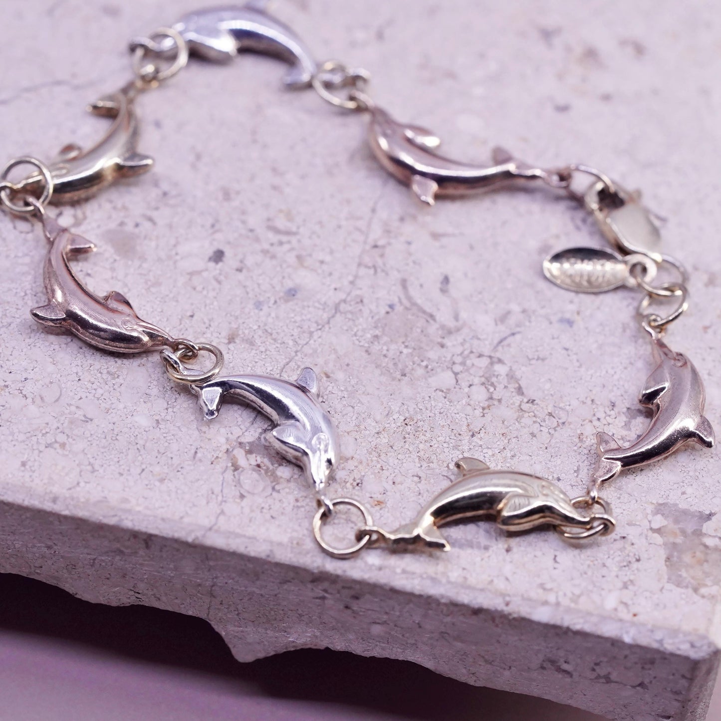 6.75”, vintage triple tone Sterling 925 silver dolphin link chain bracelet,