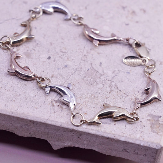 6.75”, vintage triple tone Sterling 925 silver dolphin link chain bracelet,