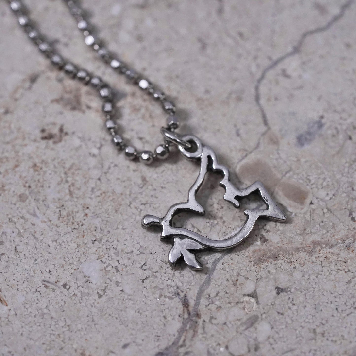 16", vintage Sterling silver necklace, 925 bead chain peace bird dove pendant