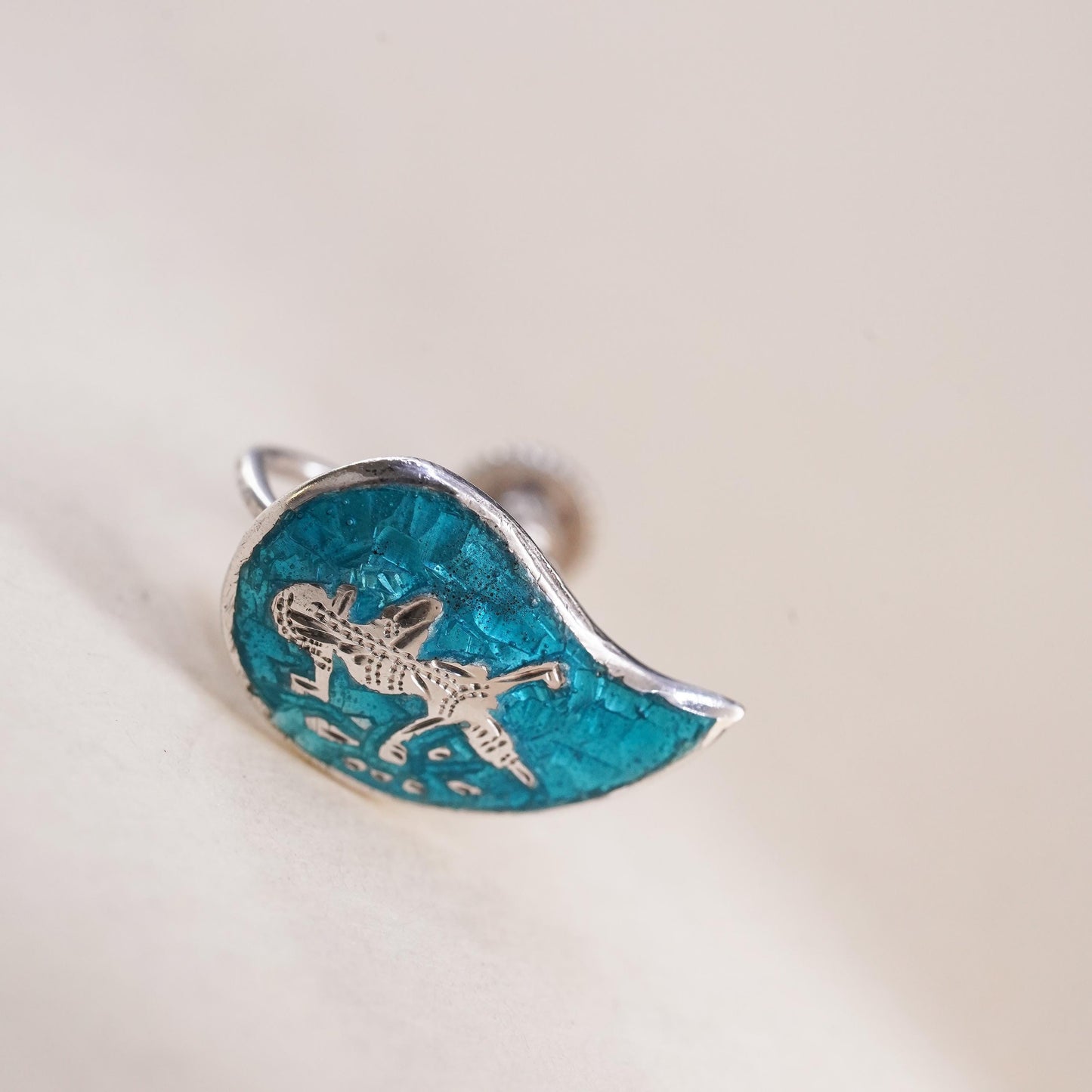 Sterling silver single earring, 925 teardrop screw back Indian blue enamel