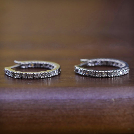 0.75”, Sterling silver handmade earrings, 925 huggie hoops with cluster cz