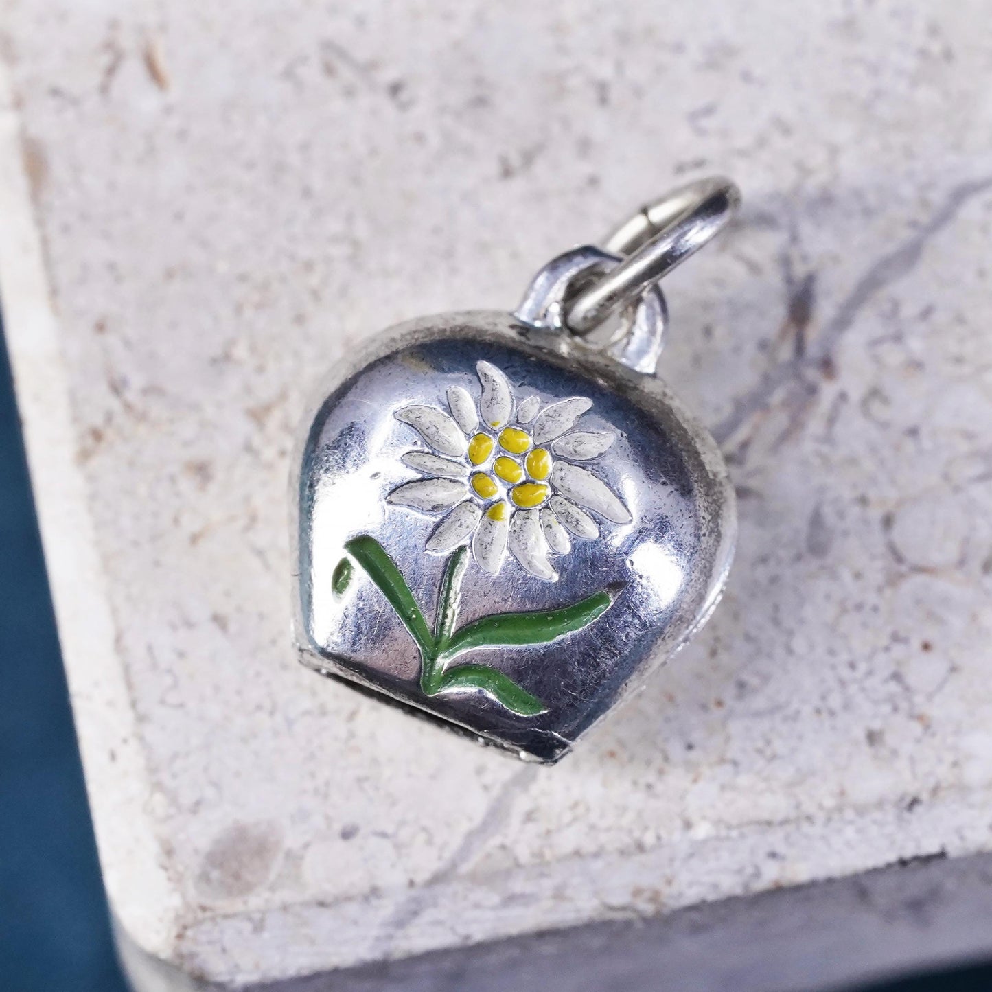 Sterling silver handmade chime ball, 925 bell charm with enamel sunflower