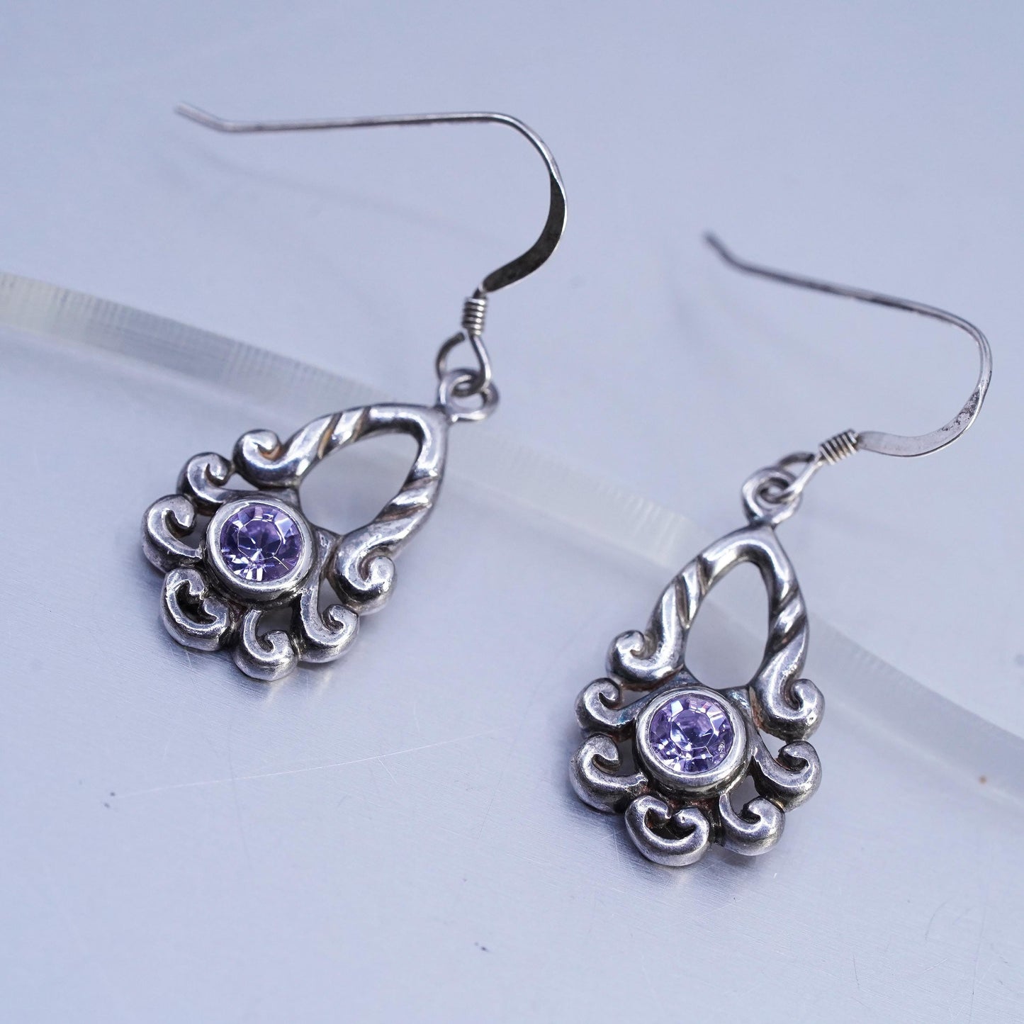 Vintage Sterling 925 silver handmade spiral earrings lavender purple crystal