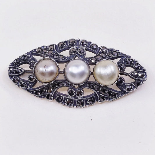 Vintage Sterling silver handmade brooch, modern 925 silver with faux pearl and marcasite details, stamped 925