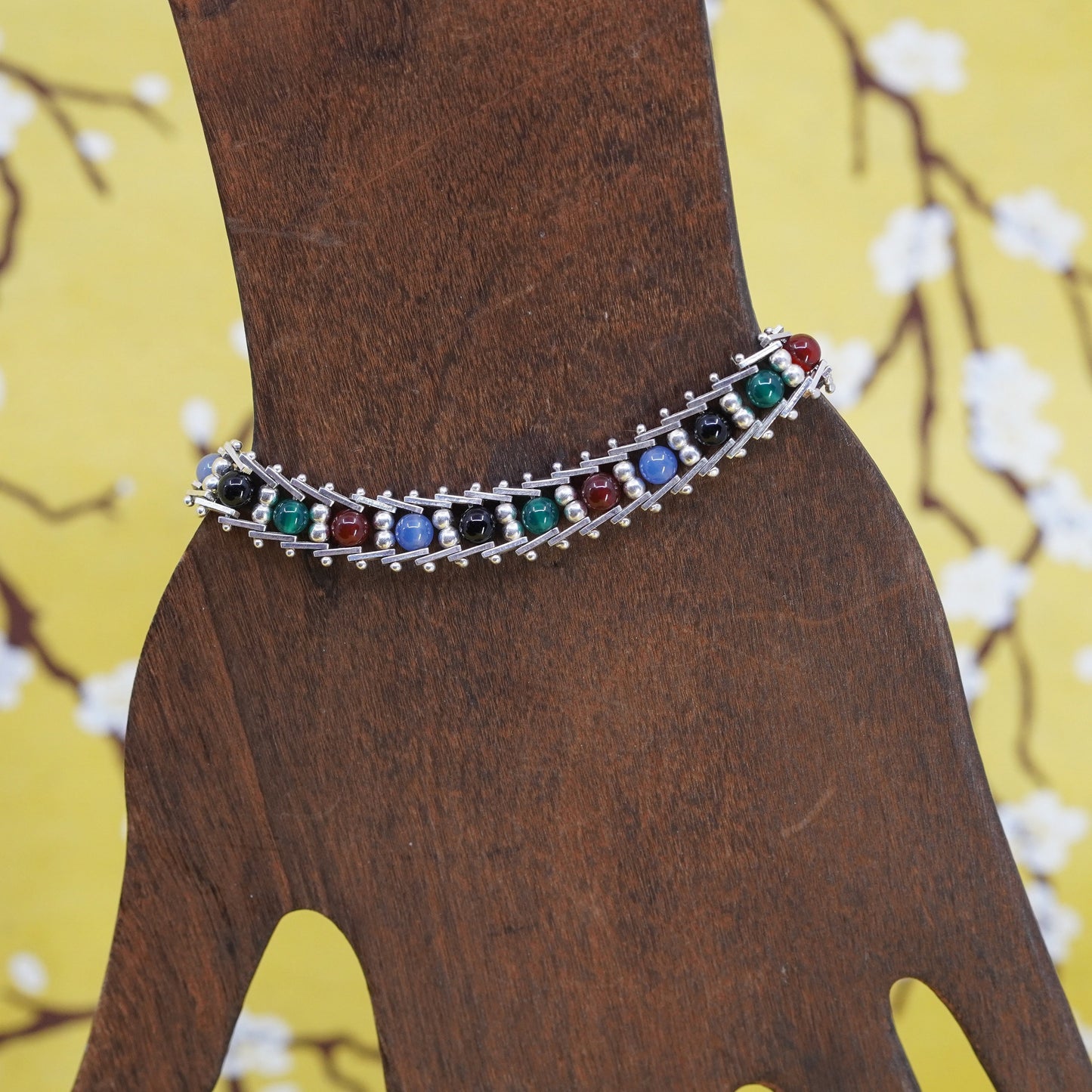 7”, Milor sterling silver link bracelet, 925 chain with colorful gemstone beads