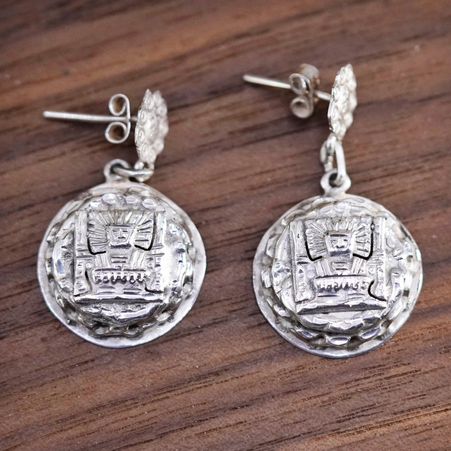 Vintage Sterling silver 925 handmade dangles, Inca sun god Viracocha earrings