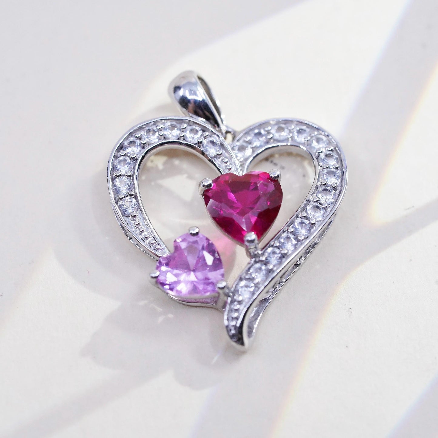 VTG SUN 925 Sterling silver Pendant, pink sapphire ruby heart cluster diamonds