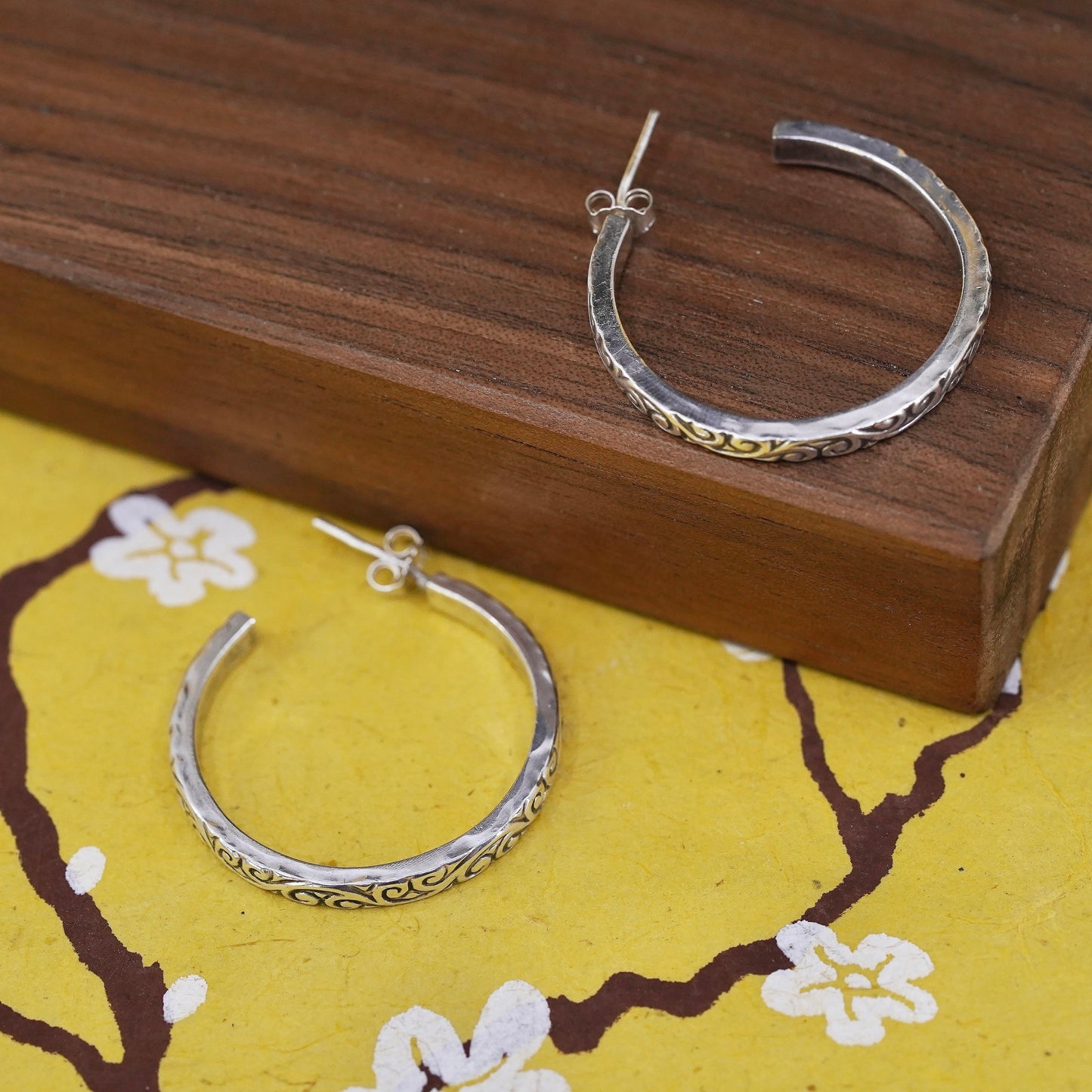 1.25", vintage Sterling silver handmade earrings, 925 textured hoops