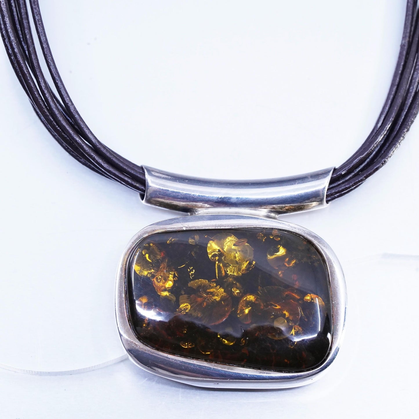 16", VTG Sterling 925 Silver multi strands black Leather Necklace Amber pendant