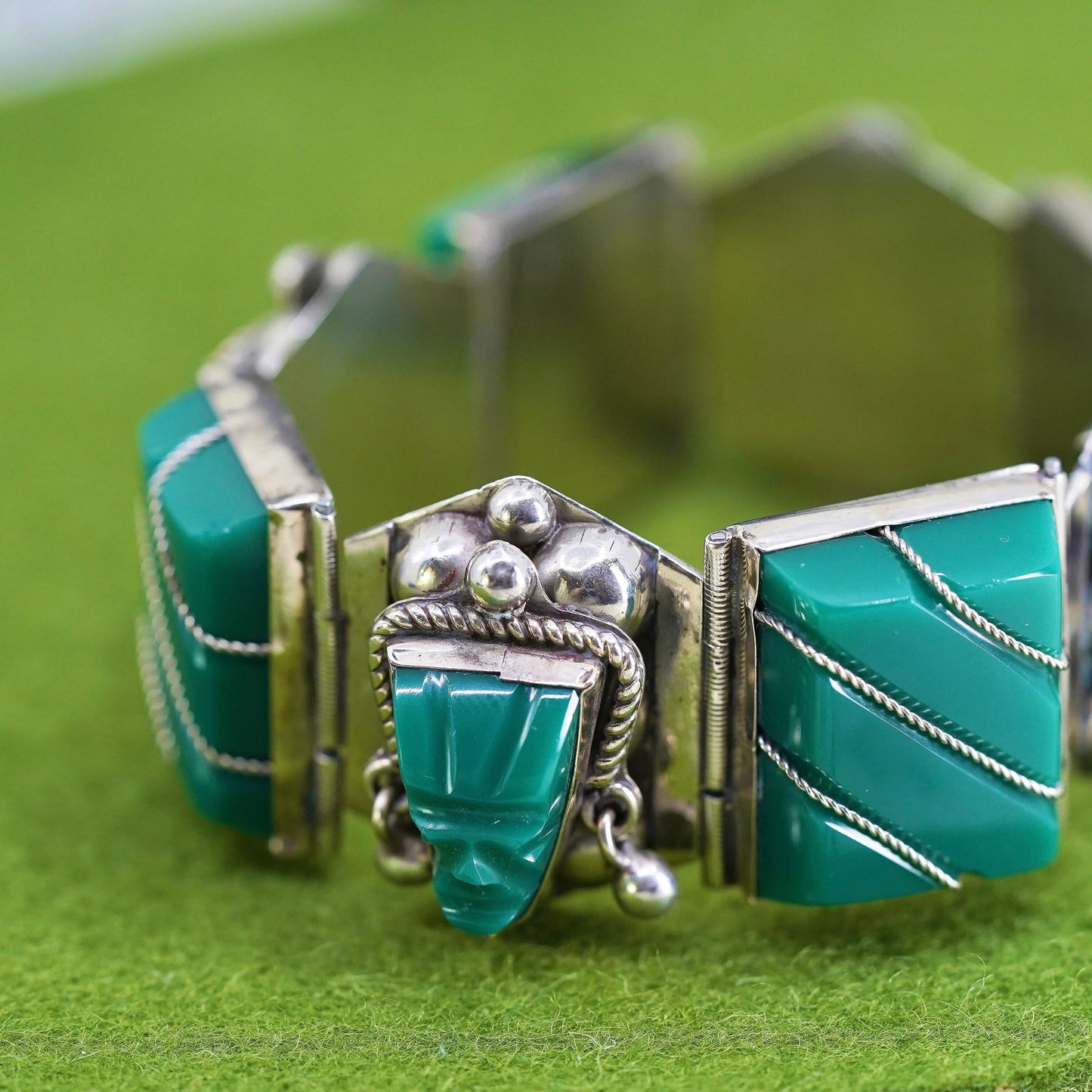 6.25", taxco vintage sterling silver bracelet, 925 cuff warrior face jade