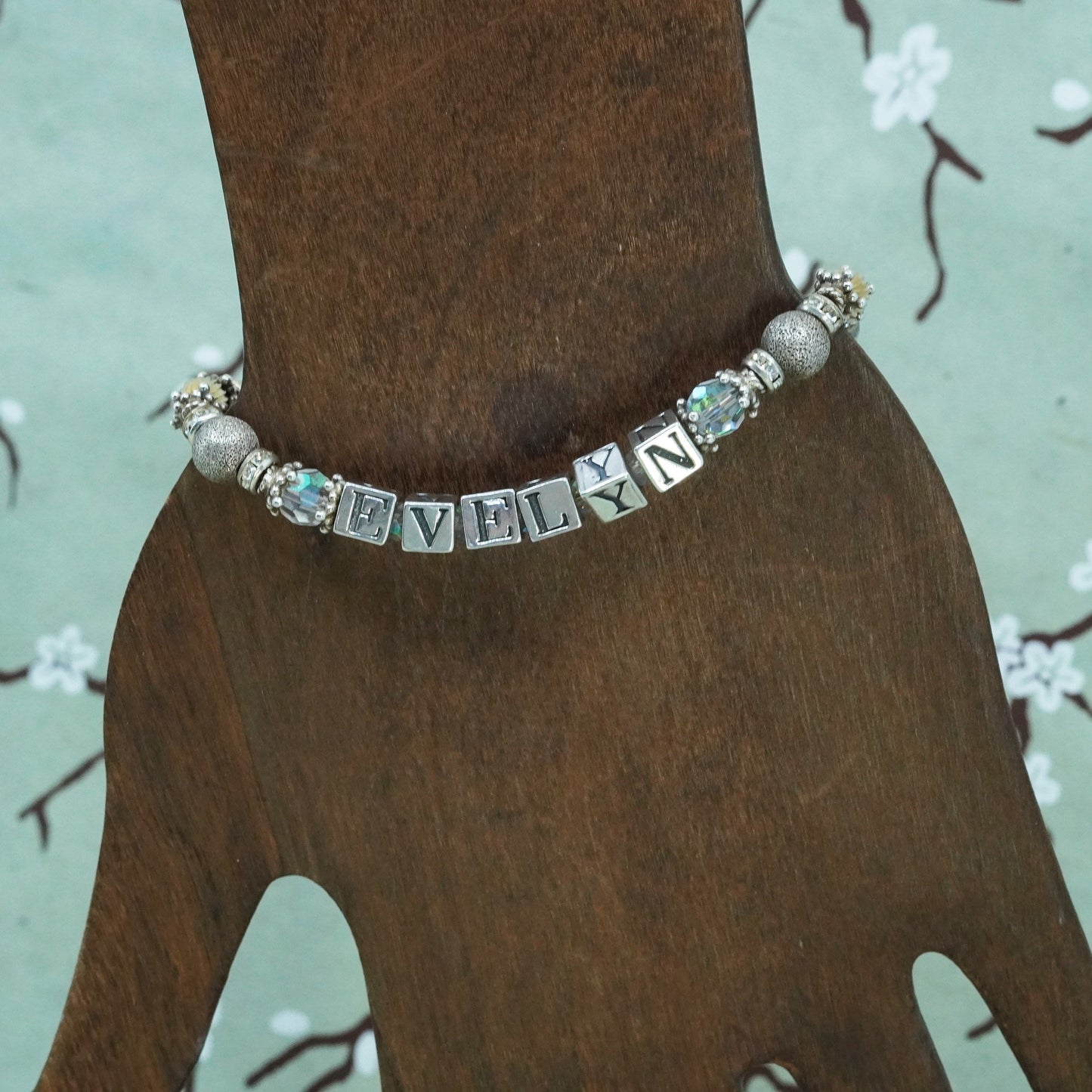 7”, 14K gold beads with Sterling 925 Silver beads bracelet name “Evelyn” cubes