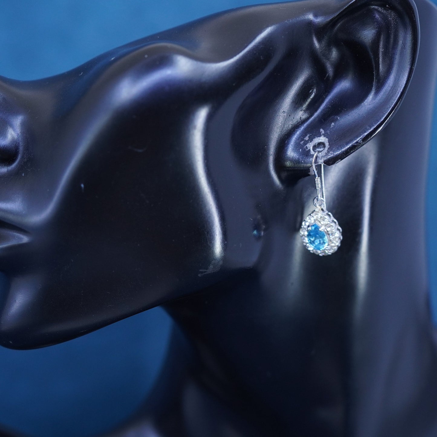 Vintage sterling 925 silver handmade earrings with teardrop blue topaz