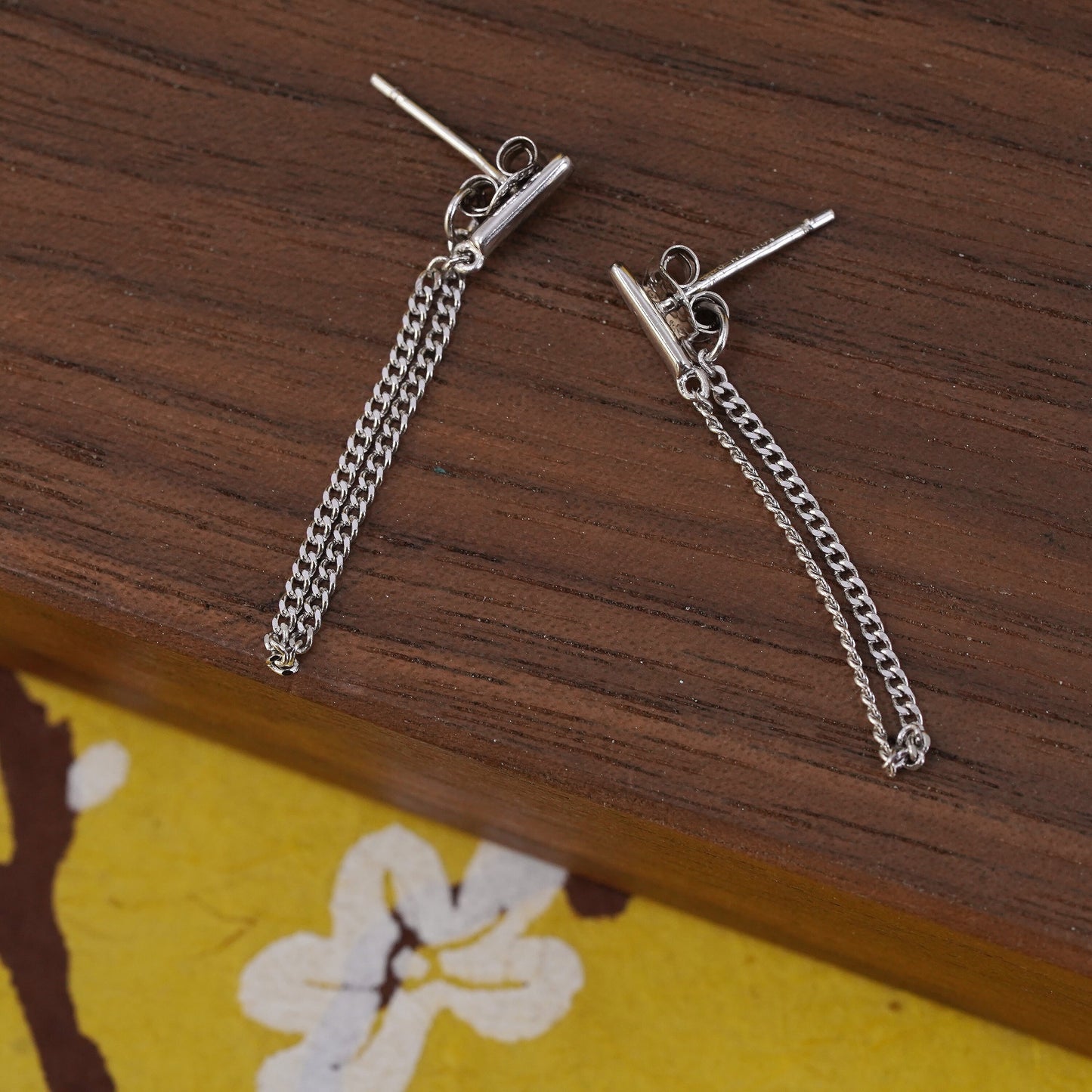 Vintage sterling silver handmade earrings, 925 studs with curb chain fringe