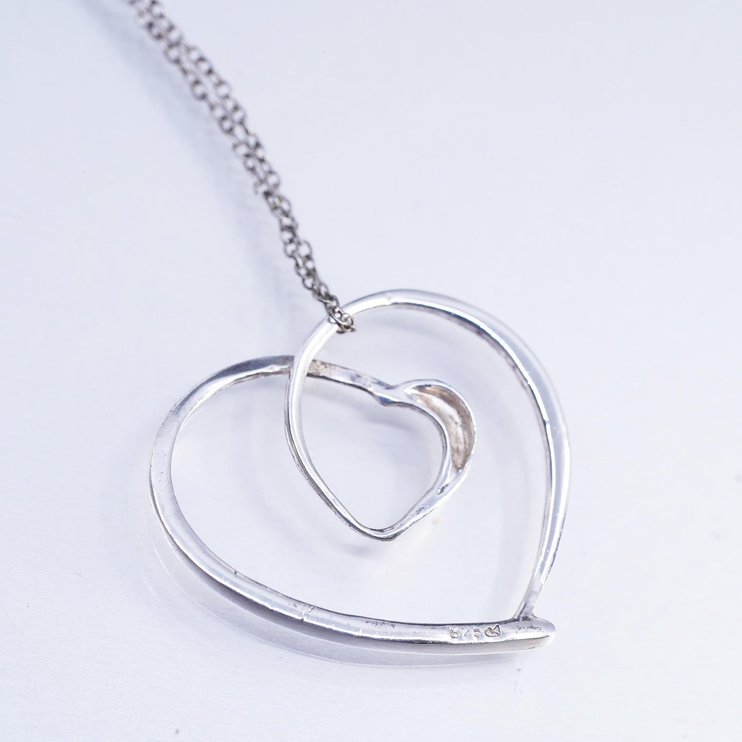18", vintage Sterling 925 silver handmade circle necklace double heart pendant